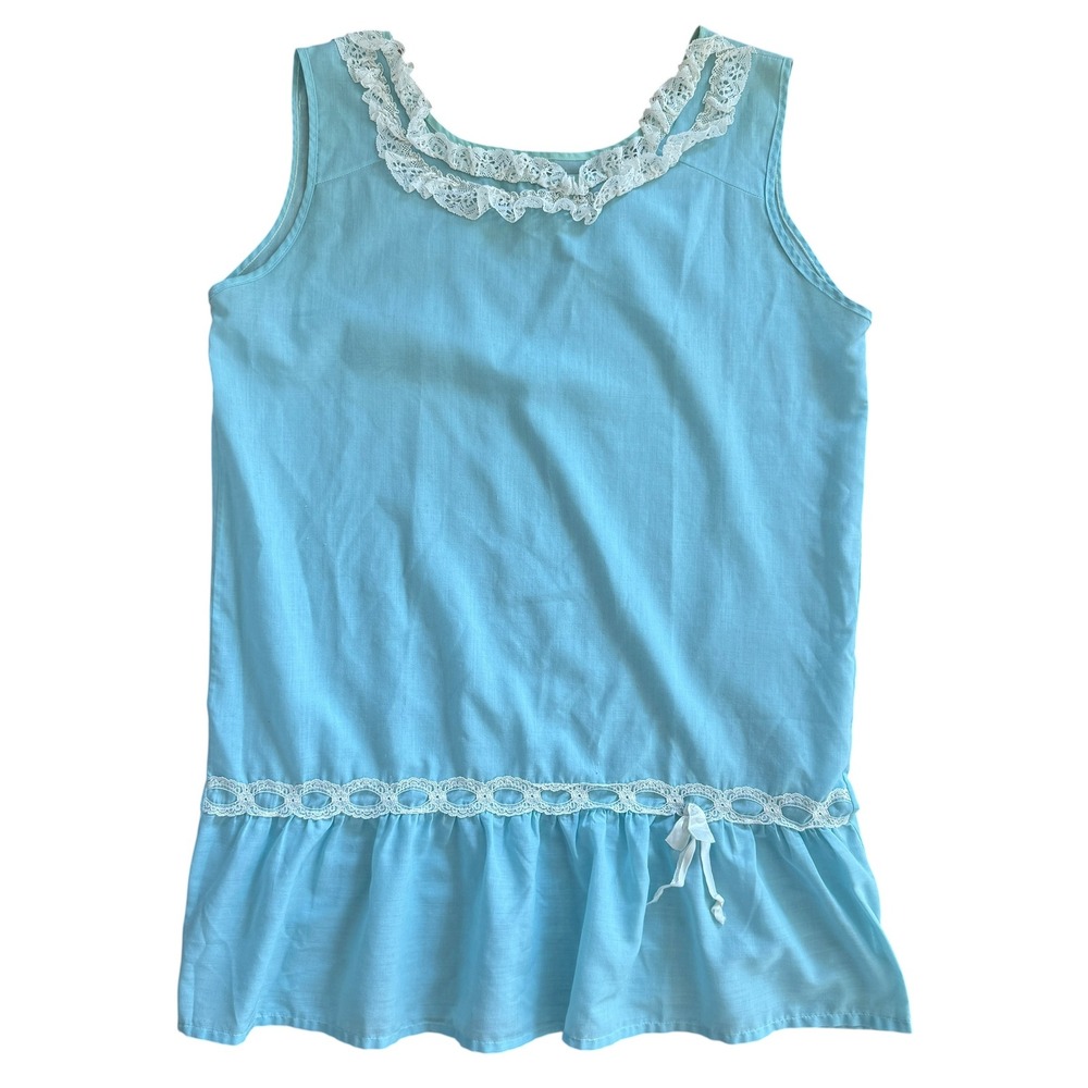 Handmade Vintage 1970s Prairie Peplum Tank Top Lace Ruffle Small Aqua Blue